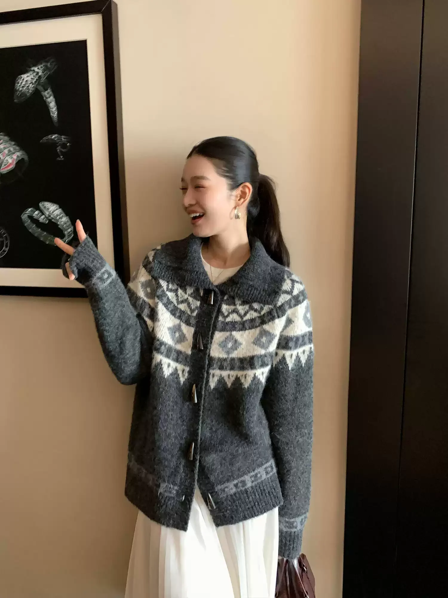 Jacquard sweater cardigan women's lapel horn button jacket design sense knit top