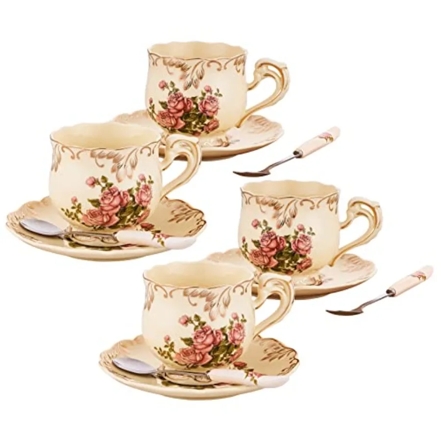 

Tea Cups and Saucers Set of 4, 8 Oz Ivory Rose Porcelain Teacup and Saucer with Gold Trim, Vintage Tea Cups with Spoon, Europea