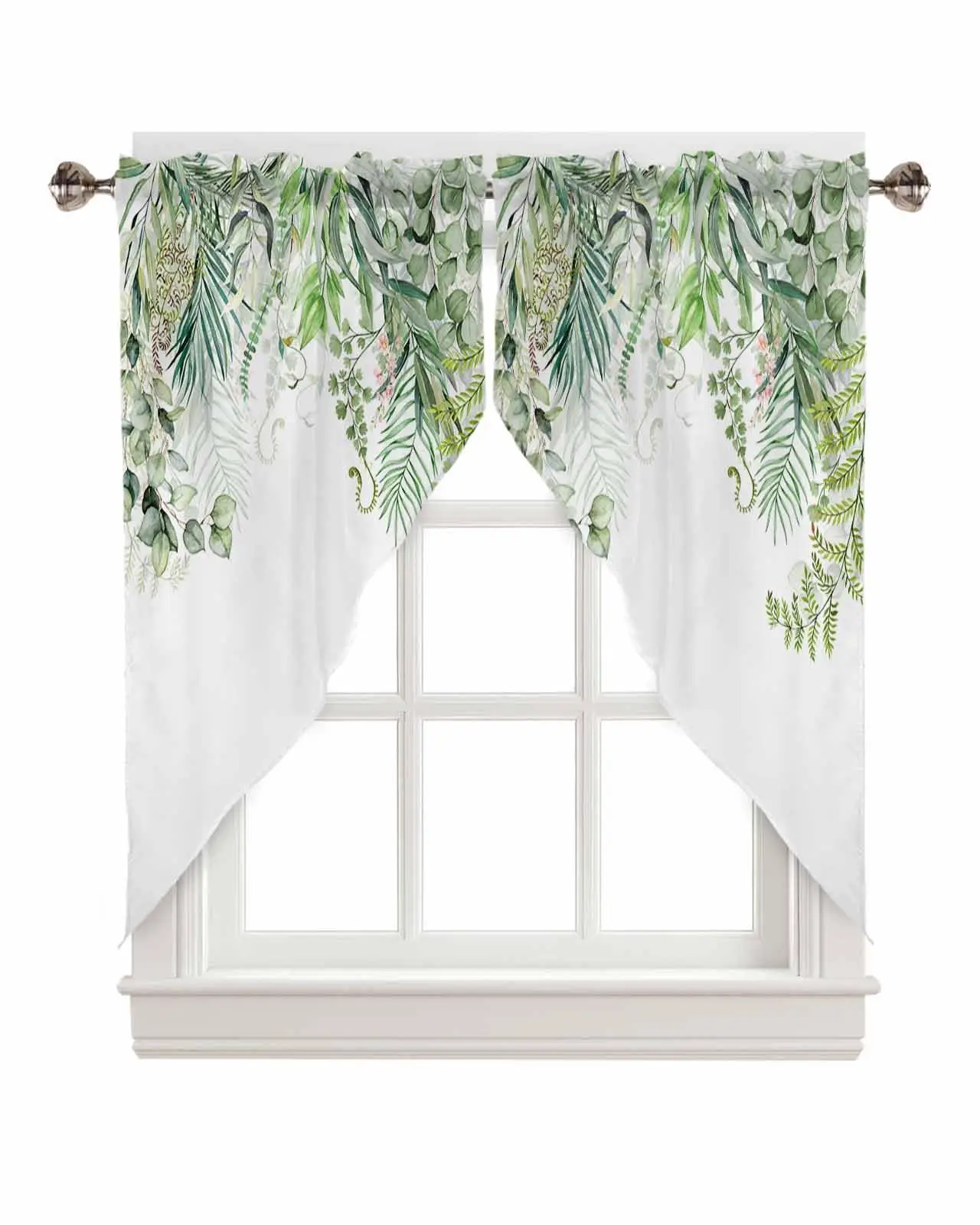 Valance Curtain Green Leaves Rod Pocket Swag Kitchen Curtain,Watercolor Botanical Living Room Bedroom Decorative Small Curtains