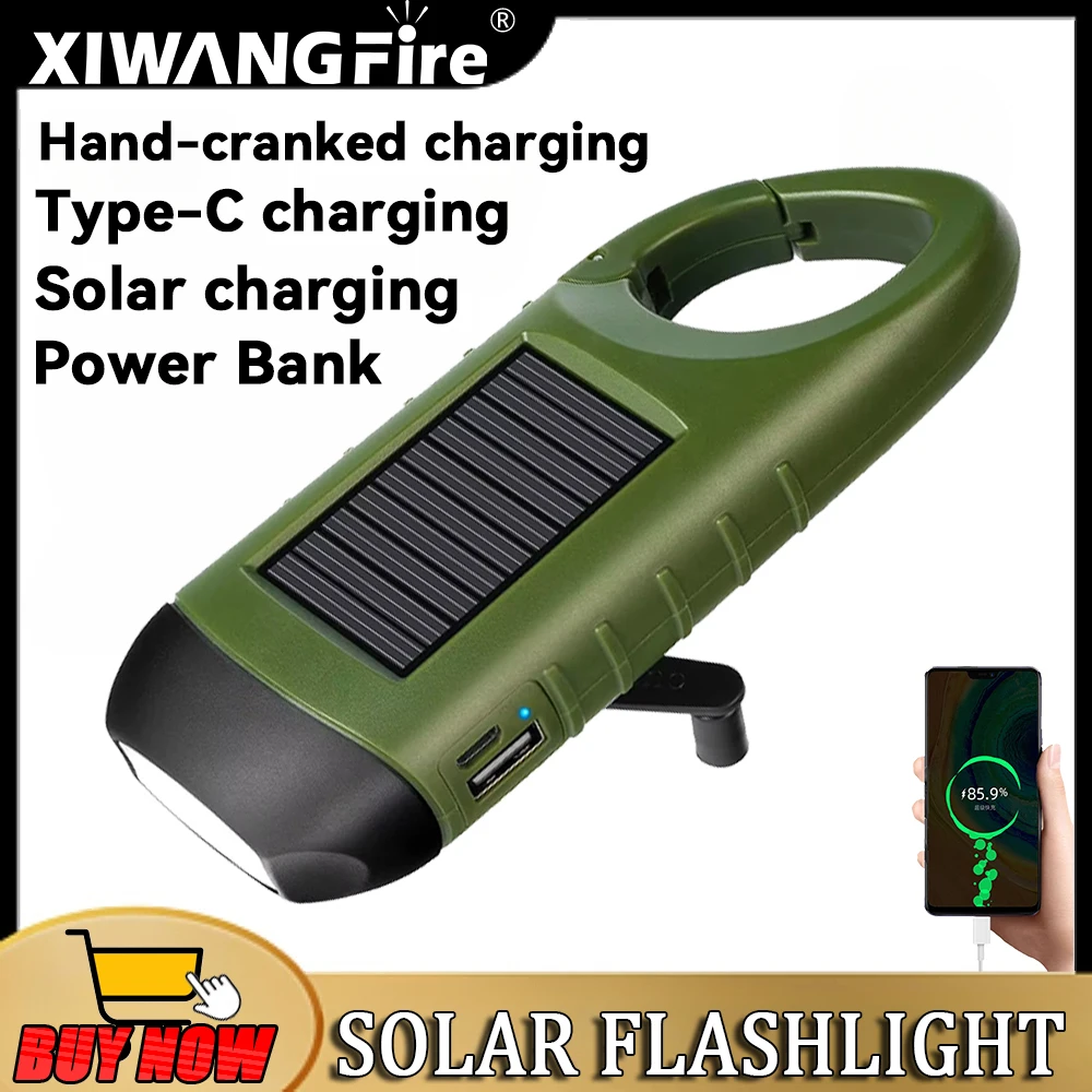 LED Flashlight Hand Crank Solar Powered Rechargeable Survival Gear Self Powered Charging Torch Dynamo for Fishing Boating Hiking