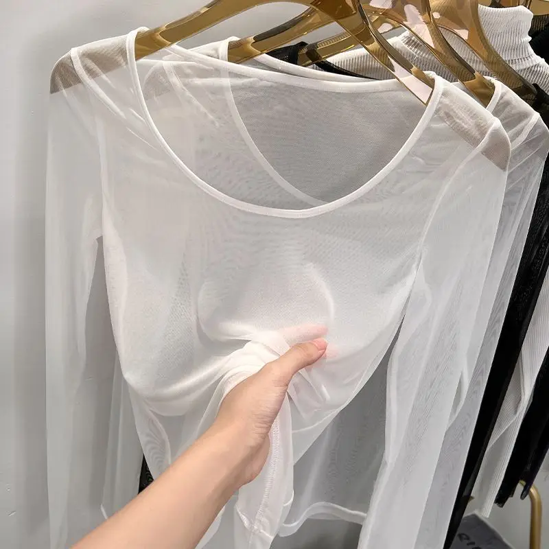T-shirts Women See Through Summer Breathable Sexy Lady Sun-proof Fashion Korean Style Chic Soft Solid Casual Holiday O-neck Tees