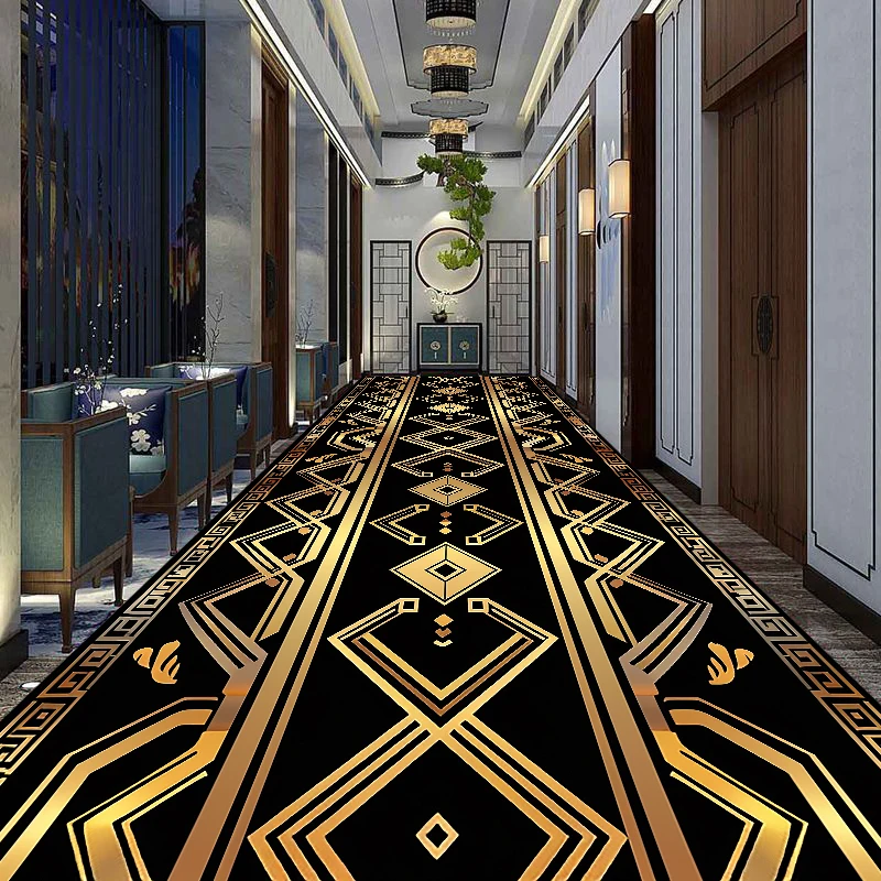 Luxury Black Golden Long Corridor Carpet Non-slip Washable Hall Runner Carpets Stairway Rug Restaurant Aisle Carpet Customizable