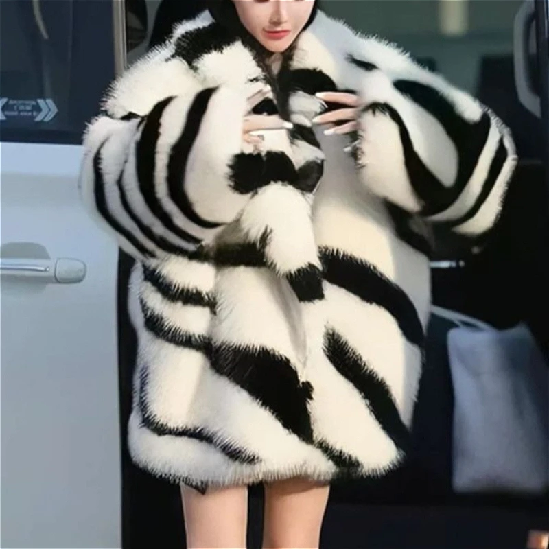 Women Zebra Print Faux Fur Coats Mid Lenth Fleece Jackets Turn Down Collar Jacket Coat Thick Straight Casual 2026 Autumn Winter