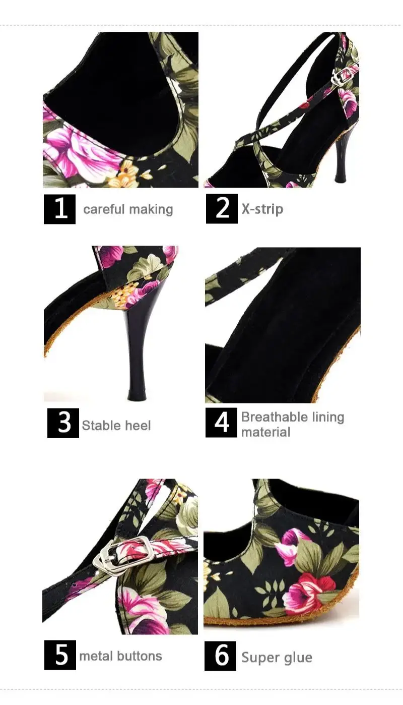 Customized Zapatos De Baile Latino Shoes Flower Pattern Satin Material 8.5cm Heel Ballroom Latin Shoes For Ladies Evkoo-007