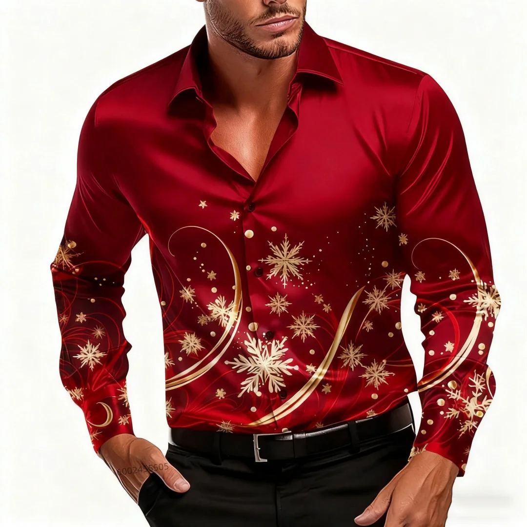 2026 Christmas Men's Scene Printed Shirt - Snowflake Casual Fashion Round Neck Buttoned Long Sleeve Party Autumn Shirt - Small t