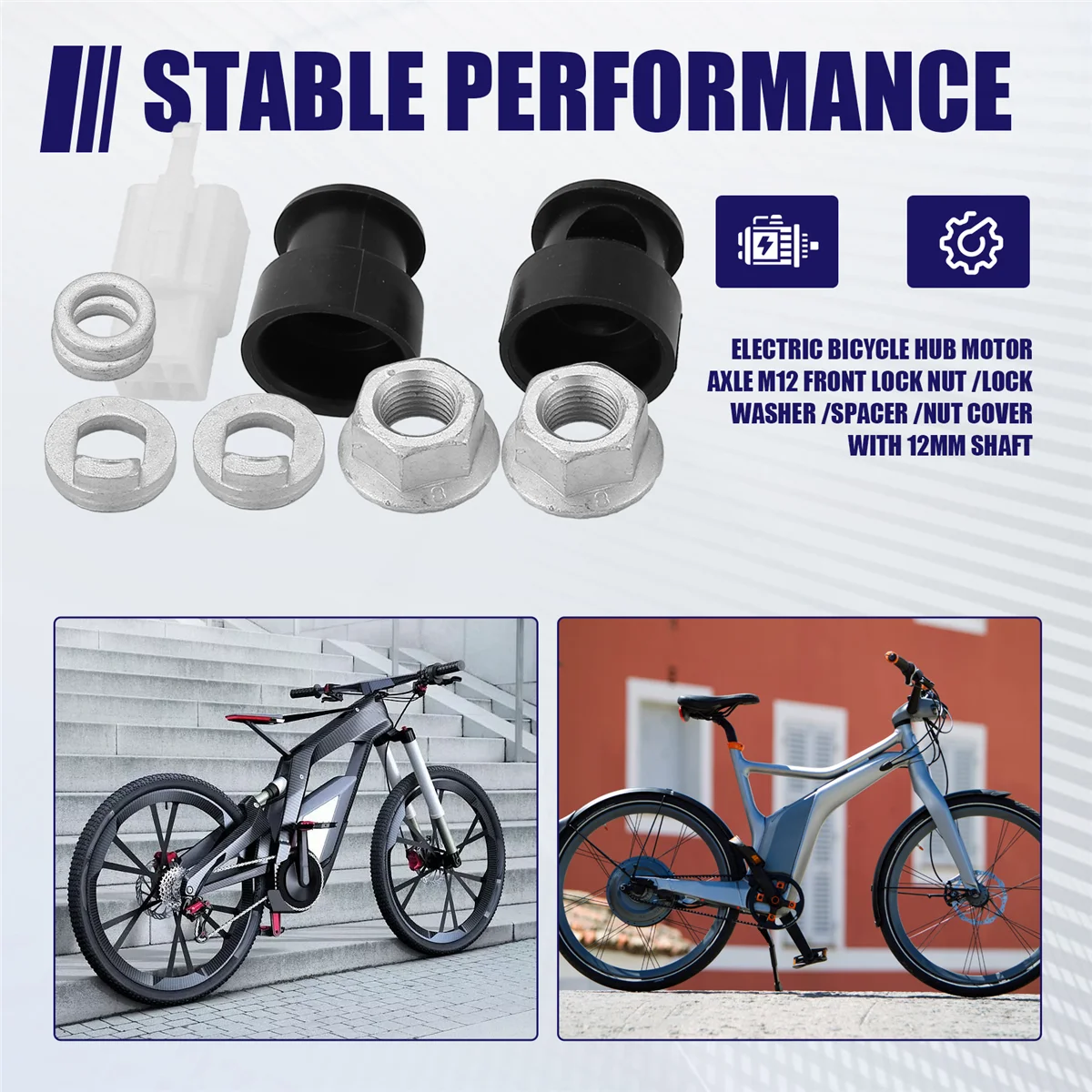 HDJQ E-Bike Electric Bicycle Hub Motor Axle M12 Front Lock Nut /Lock Washer /Spacer /Nut Cover with 12mm Shaft