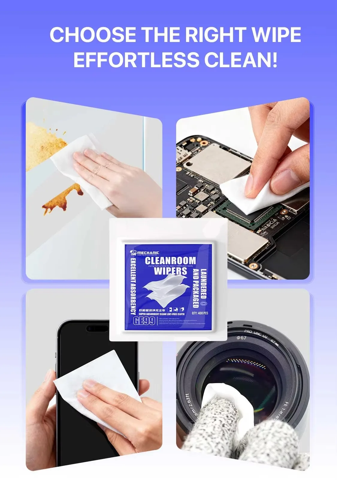 MECHANIC Ultra-Weiche Reinigungstücher GE99 400 Stück 9*9cm Faserförmig, fusselfrei, für Handy-Reparatur, Motherboard, Bildschirm, Linse, Glas, Werkzeugsets – Detail 4