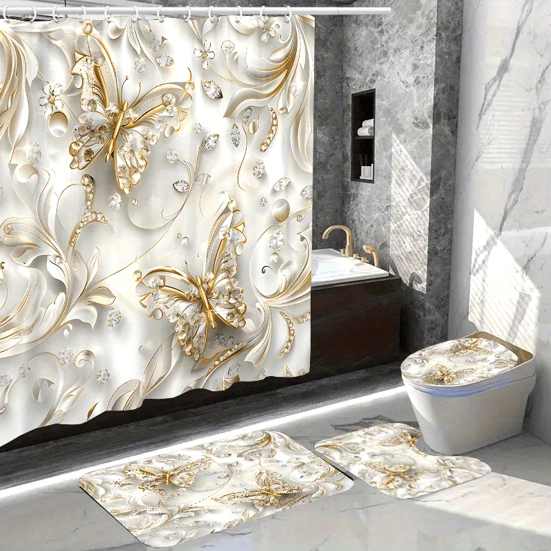 バタフライシャワーカーテン,防水ポリエステル生地,洗えるバスマット,滑り止めカーペット,12フック,1ピース,4ピースのエレガントなセット