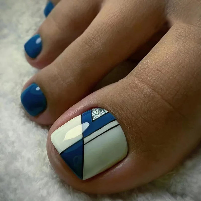 

24PCS Solid Blue Press-On Toe Nails - Minimalist Irregular Stripes Ocean Blue Color Short Square Shape