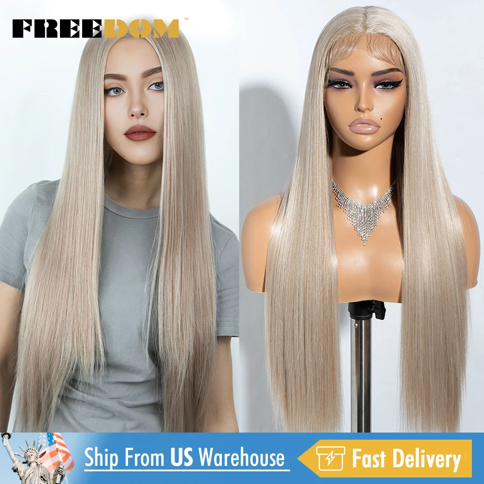 

FREEDOM Synthetic Lace Front Wigs For Women Long Straight 30 Inch Ombre Blue Blonde Lace Wig Easy Wear Cosplay Wigs