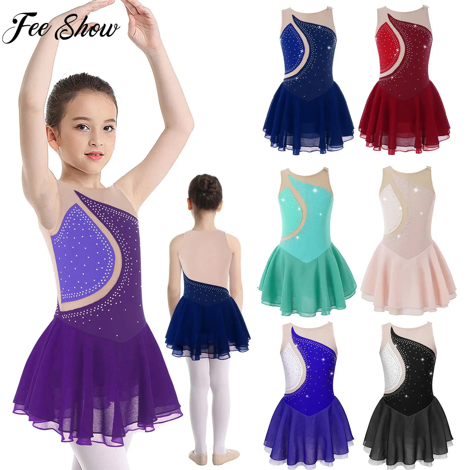 

Kids Figure Ice Skating Dance Leotard Dress Girl Shiny Rhinestone Sleeveless Ballet Gymnastics Leotard Performance Dress Costume