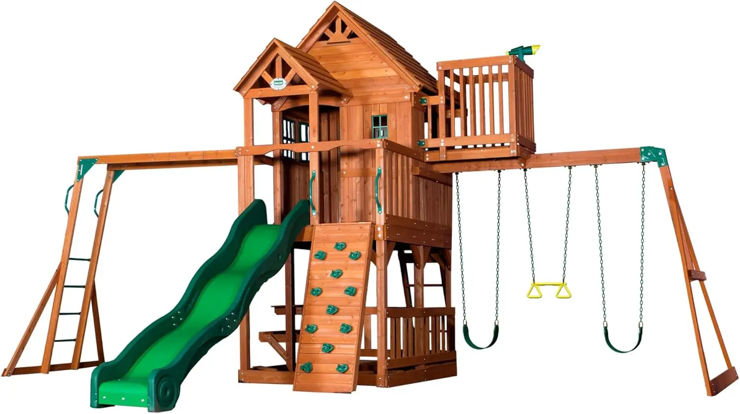 Discovery, Skyfort II Playground Cedar Wood Swing Set with Playhouse Fort, Sandbox, Picnic Table, Slide, Monkey Bars, Swings, Ro