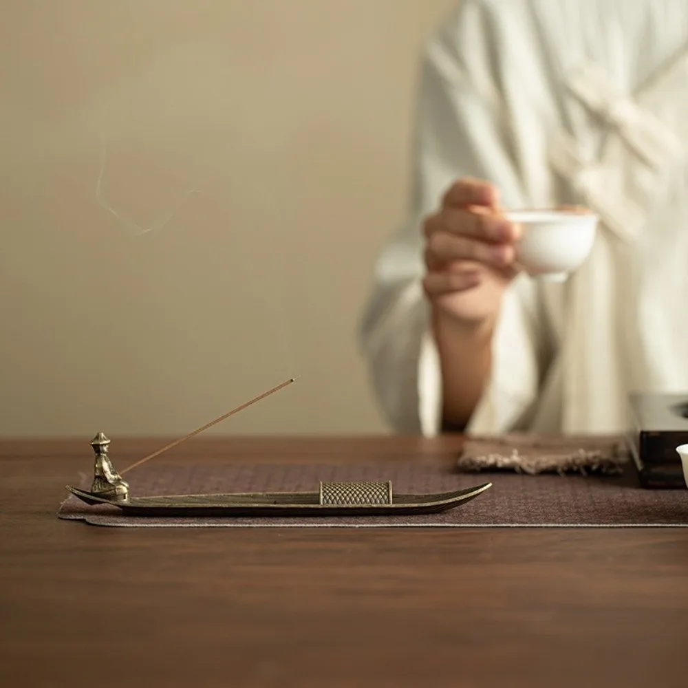 Creative Boat Shape Incense Holder Old Men Fishing Traditional Incense Burner Zen Style Metal Incense Censer Tea Room