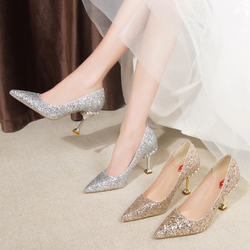 Lucyever Gold Silver Sequins Women Pumps 2024 Luxury Crystal High Heel Party Wedding Shoes Woman Elegant Pointed Toe Pumps Mujer