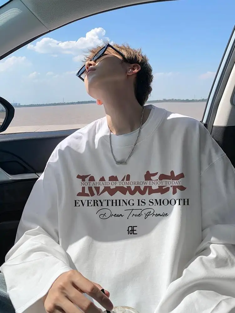 

Осенняя новинка, мужская хлопковая длинная футболка больших размеров, свободная повседневная круглая толстовка Ne, удобная дышащая уличная одежда