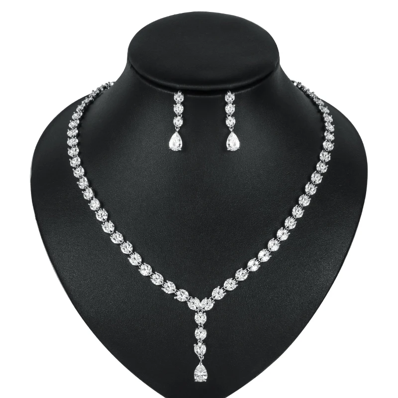 

WEIMANJINGDIAN Brand Cubic Zirconia Long Teardrop Necklace and Earring Wedding Jewelry Sets for Bride