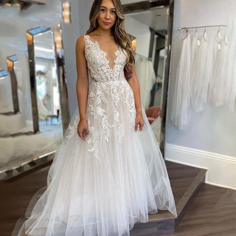 Illusion Wedding Dress Sleeveless Backless O-Neck Bride Dress See Through Rhinestones Appliques Formal Robe de mariee