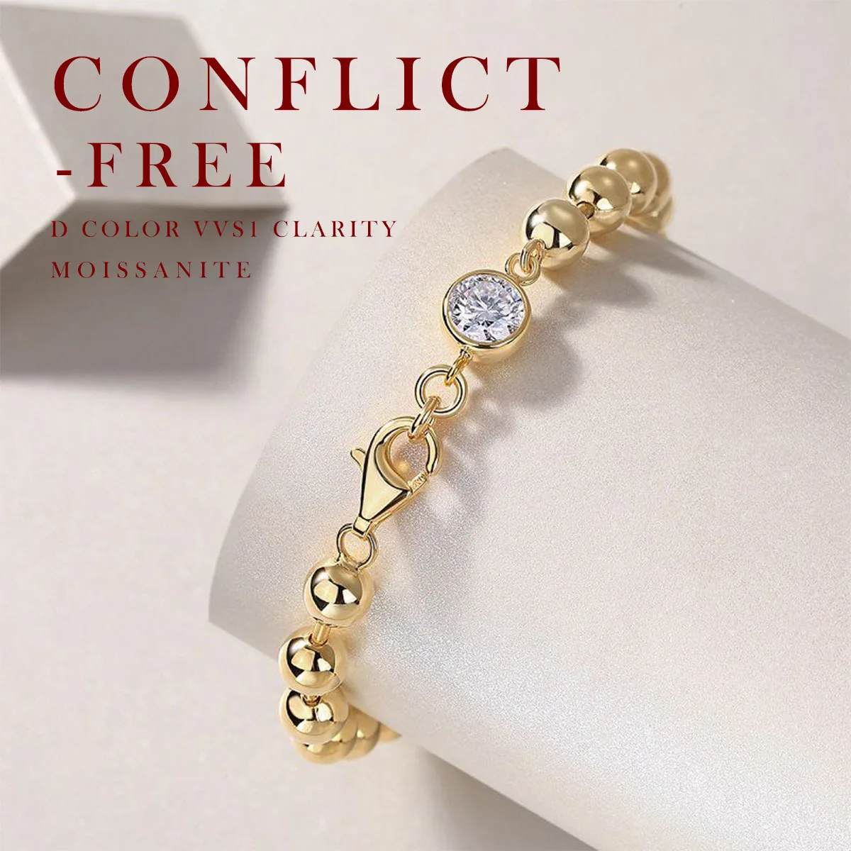 1 Carat Golden Spheres Moissanite Bracelet – 18K Gold Plated S925 Silver Beads, Symbolizing Strength and Connection