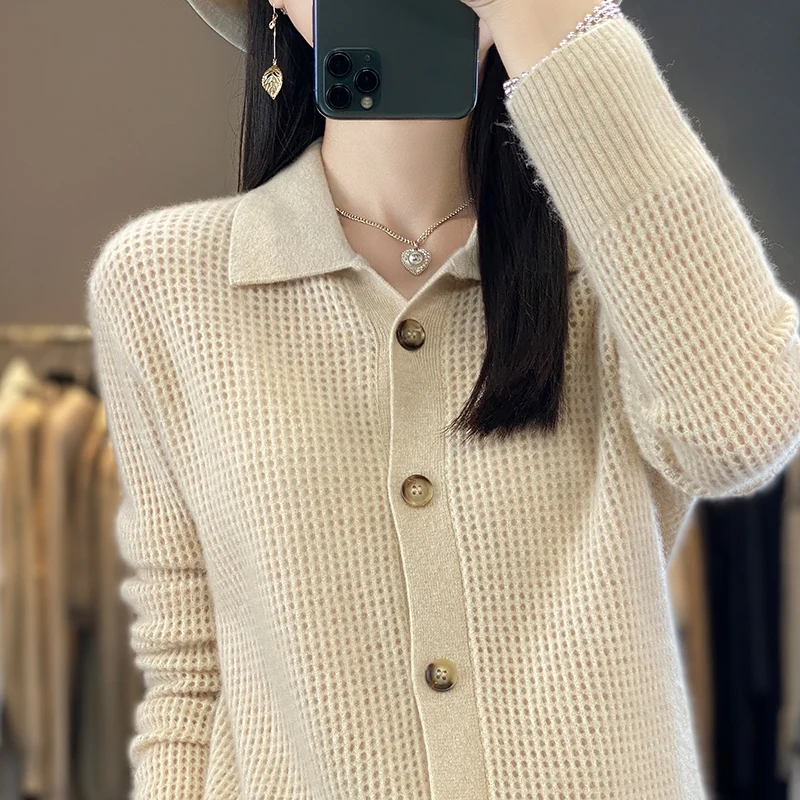 AutumnWinter New Wool Cardigan Women's Polo Neck Long Sleeved 100% Pure Wool Loose Solid Color Hollow Checkered Knitted Cardigan