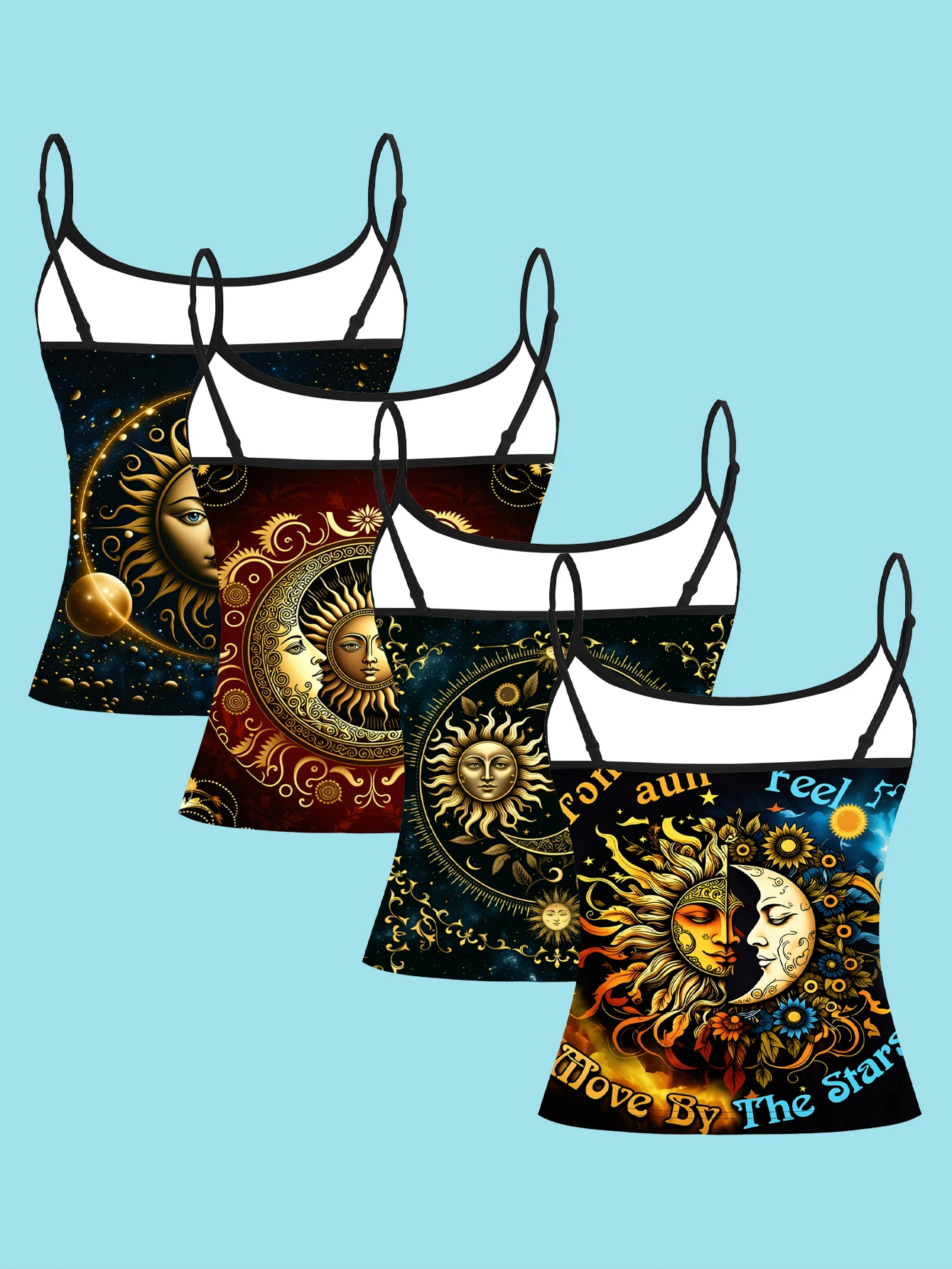 4-Piece Set of Women's Spaghetti Strap Camisoles with Mysterious Vintage Sun, Moon, Face, and Star Trail Prints, Slim-Fit Sleeveless Tops, Bohemian Astrology Style Outerwear and Inner Layering Shirts