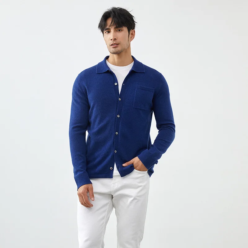 Autumn Winter New Men\'s 100% Cashmere Sweater Knitted Cardigan Solid Color Long Sleeved POLO Collar Shirt Jacket Casual