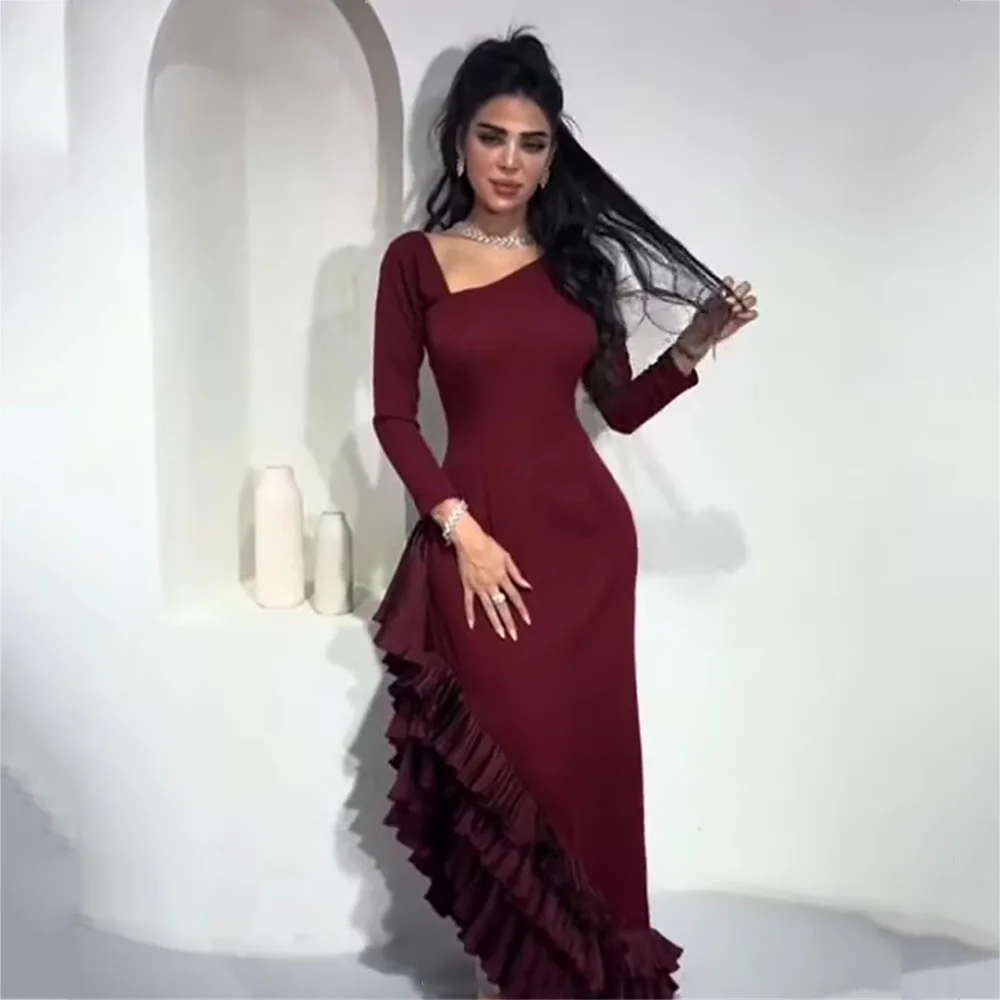 

Long Sleeve Asymmetrical Evening Dresses V-Neck Vintage Tiered Draped Elegant Prom Gown Floor-Length Solid Color Party