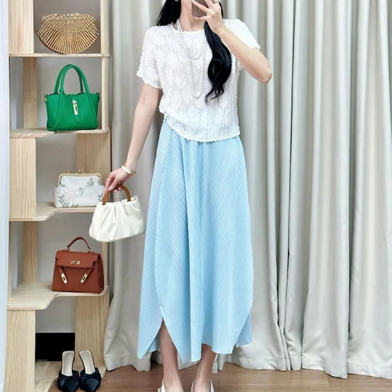 Miyake, Top de manga corta con cuello redondo para mujer + Falda corta informal, conjunto de dos piezas con diseño plegable, novedad de verano 2025, ola