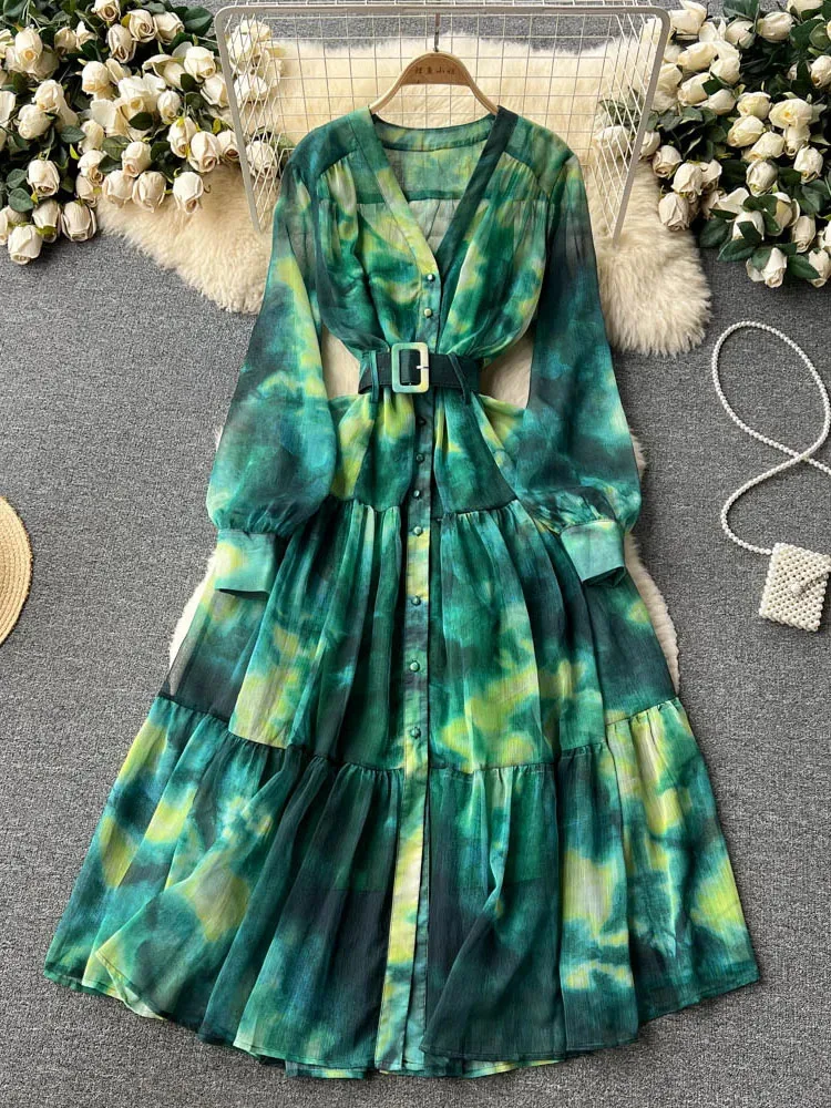 

Women Spring Summer French 2024 New Design Sense Irregular Tie Dye Slim Fit Long Swing Chiffon Holiday Dress D3809