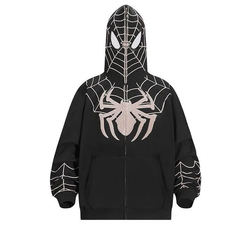 Gothic Spider Print Hooded Cardigan Full Zip Loose Hoodie Top Women Men Clothing Y2K Vintage Punk Hoodie Kpop Jacket 90s