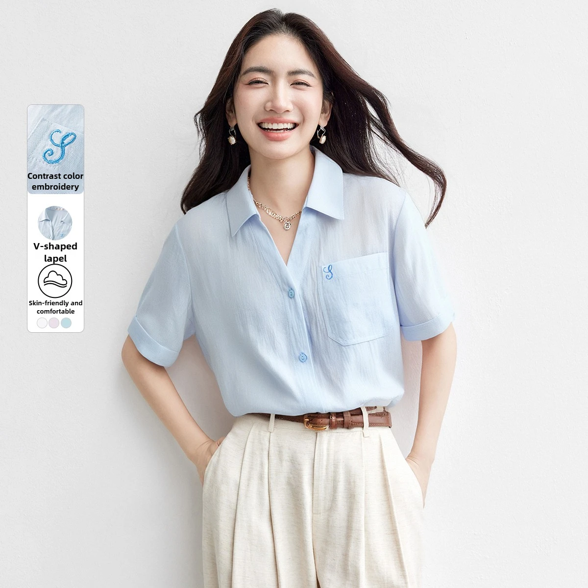 

SENTUBILA Casual Shirts for Women 2025 Summer Short Sleeve Turn Down Collar Embroidery Blouses Womens Linen Clothing 152CA2567