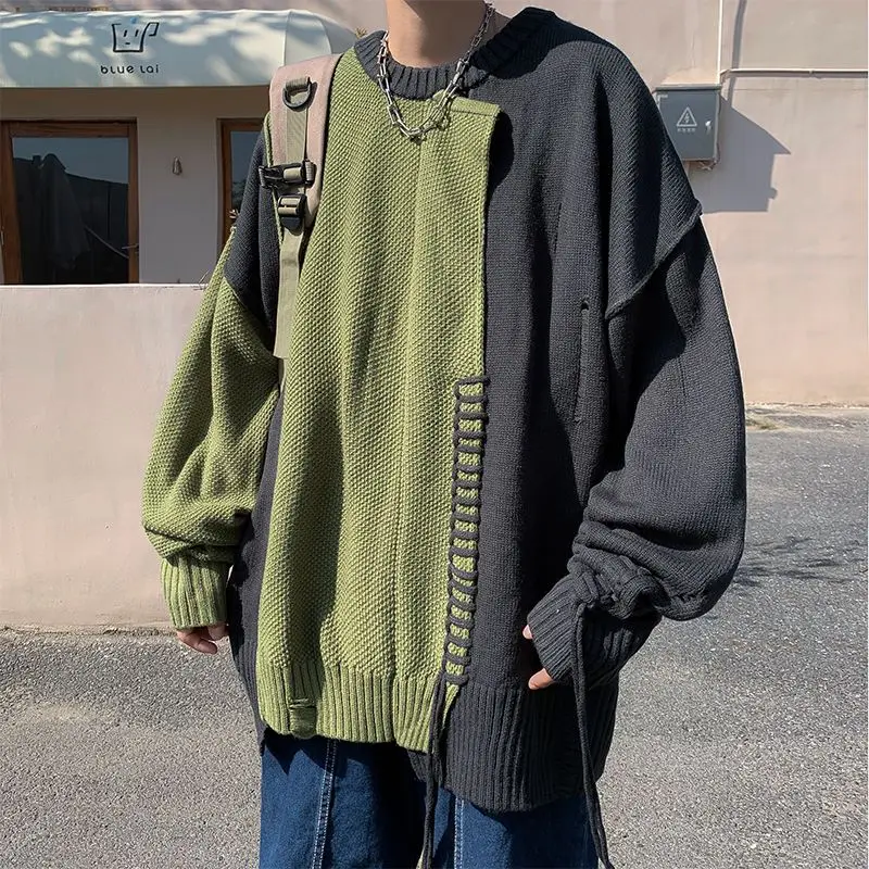 

Patchwork Men's Sweater With Pattern Vintage Harajuku Paired Japanese stylesystemClothes Knitted Pullovers New Year Pullover