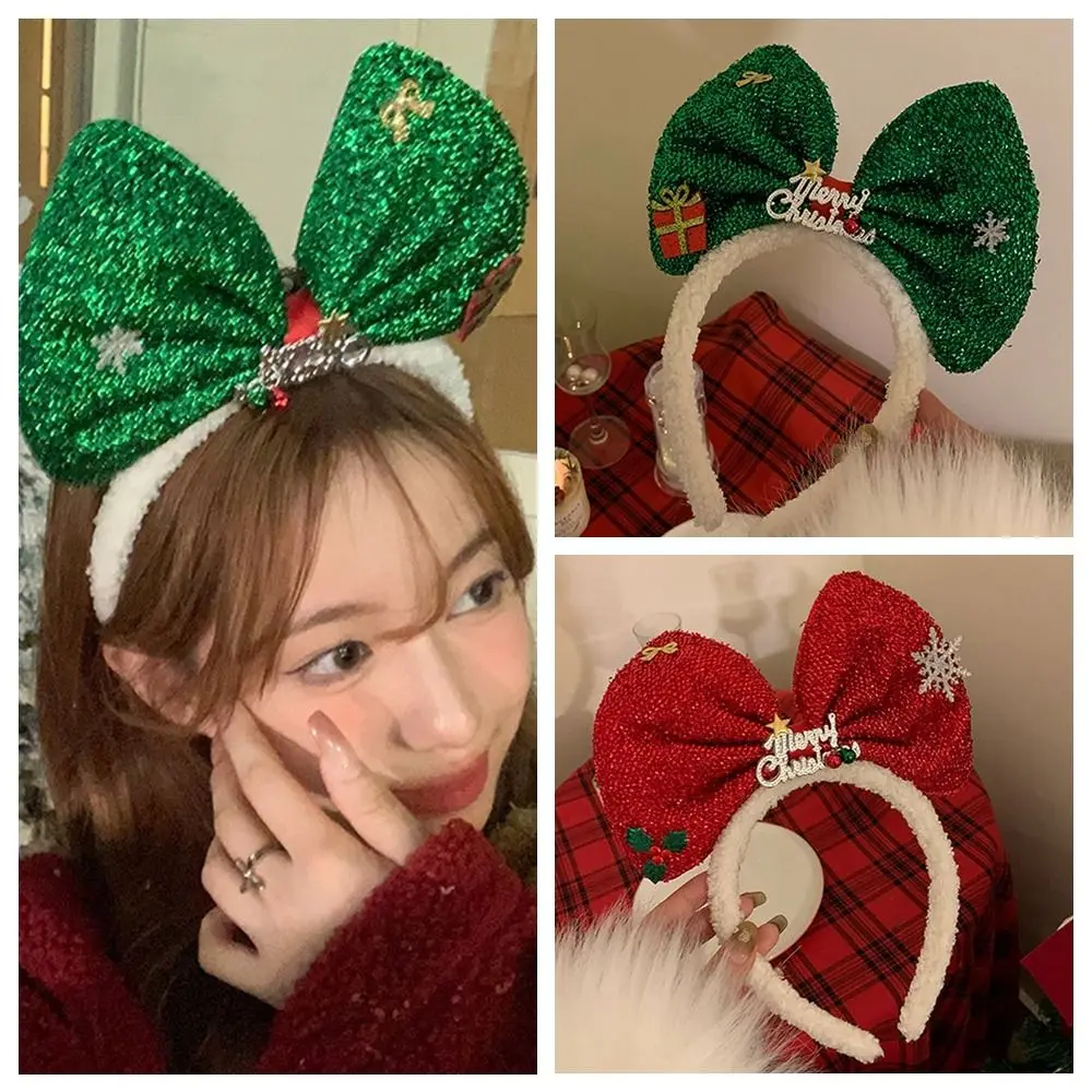 Sweet Plush Bowknot Hair Hoop Shiny Non-slip Christmas Hairband Snowflower Korean Style Christmas Headband Party