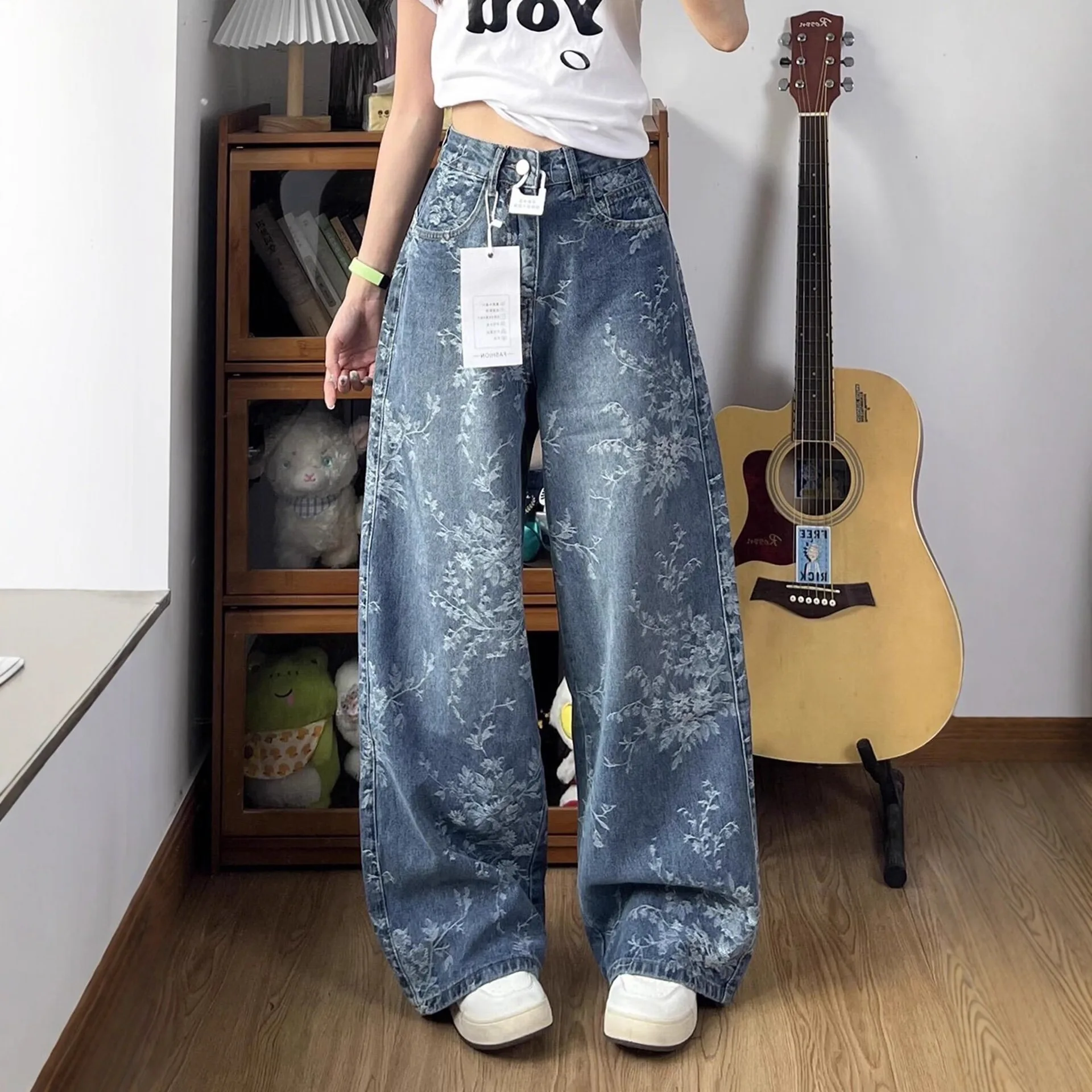 Cross-Border Jacquard Embroidered Women's Jeans Early Autumn, High- Loose Wide-Leg Vintage Straight-Leg Long Pants,