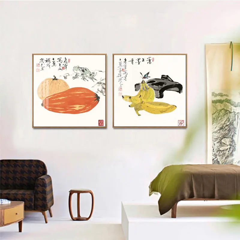 New Chinese Modern Simple Ink Painting Auspicious Fruit Gourd Reunion Blessing Decorative Canvas Painting Home Décor