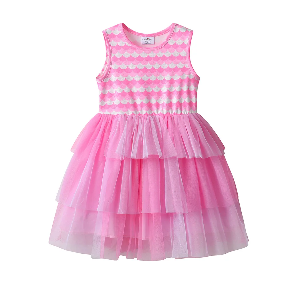 VIKITA Girls Sleeveless Mermaid Scale Pink Dress Kids Layered Tulle Mesh Tutu Dress Toddlers Polyester Casual Party Beach Frocks