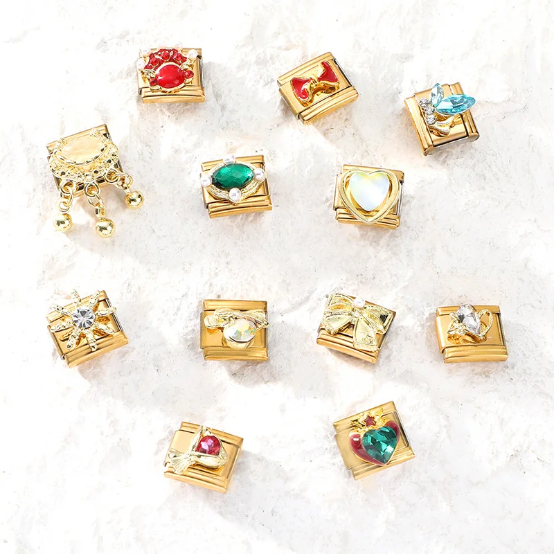 Zircon Green Heart Red Bow Knot Blue Butterfly Gold Color Italian Charm Links Fit 9mm Stainless Steel Bracelet DIY Making Gift