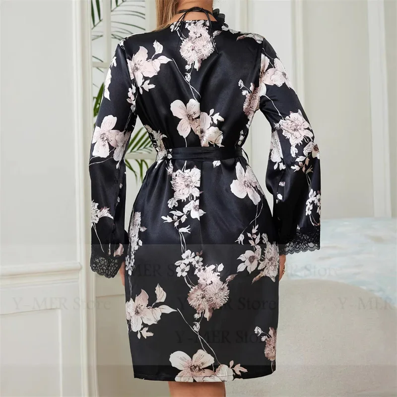 Женский халат из ледяного шелка с кружевной отделкой, атласное кимоно с цветочным принтом, короткая одежда для сна, ночная рубашка, лето-осень, повседневное нижнее белье, пижамы