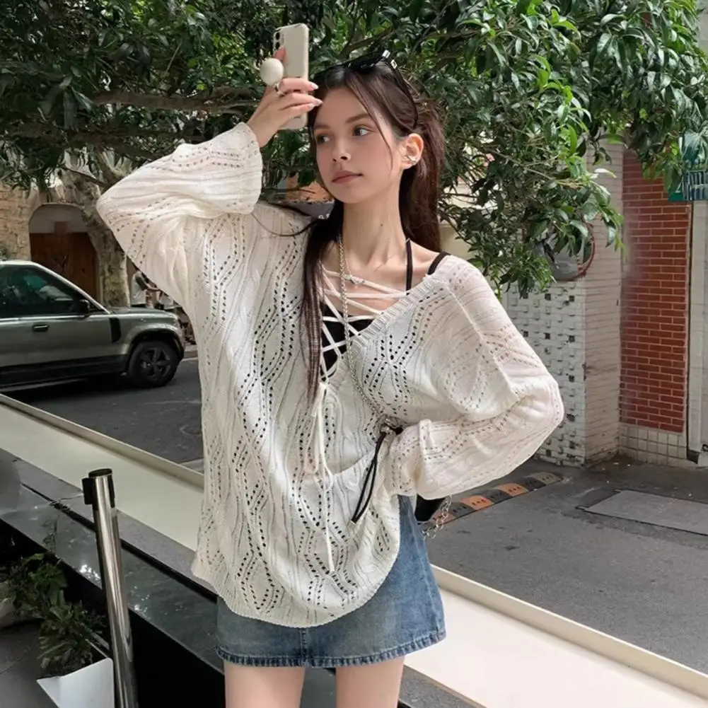 2025 сетчатый винтажный женский свитер с длинными рукавами в стиле Харадзюку, корейский весенне-летний трикотаж, мягкие тонкие топы, шикарный однотонный женский свитер