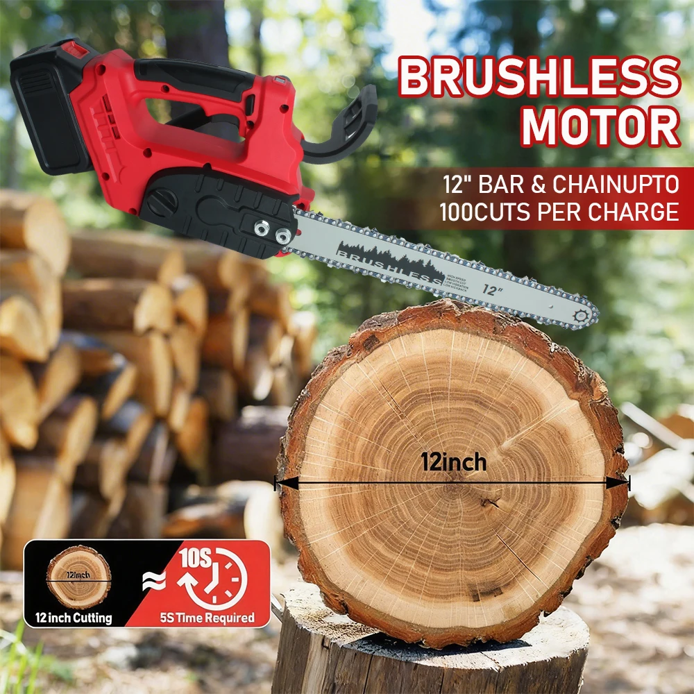 12 Inch Brushless Chainsaw Cordless Rechargeable Electric Saw Versatile Portable Cutting Tool for Tree Trimming Logging