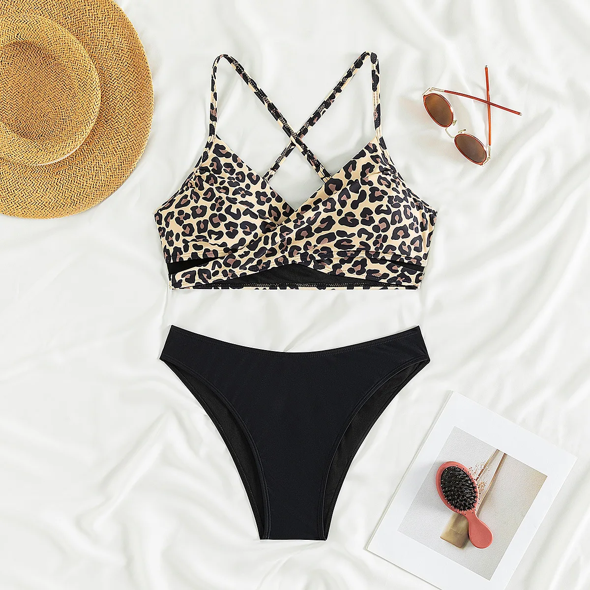 Leopard Patterned Print Bikini Animal Halter Bather Cross 2 Piece Bathing Suit For Women 2024 Trendy