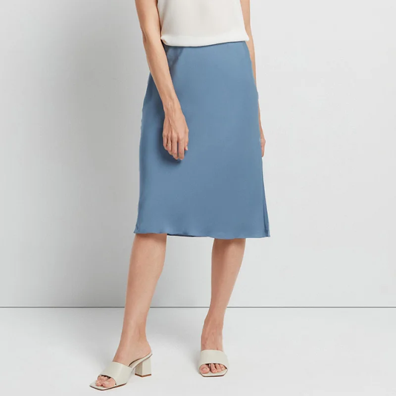 

Theor* 2022 summer women 100%silk half skirt light blue knee-length elastic high waist office lady style