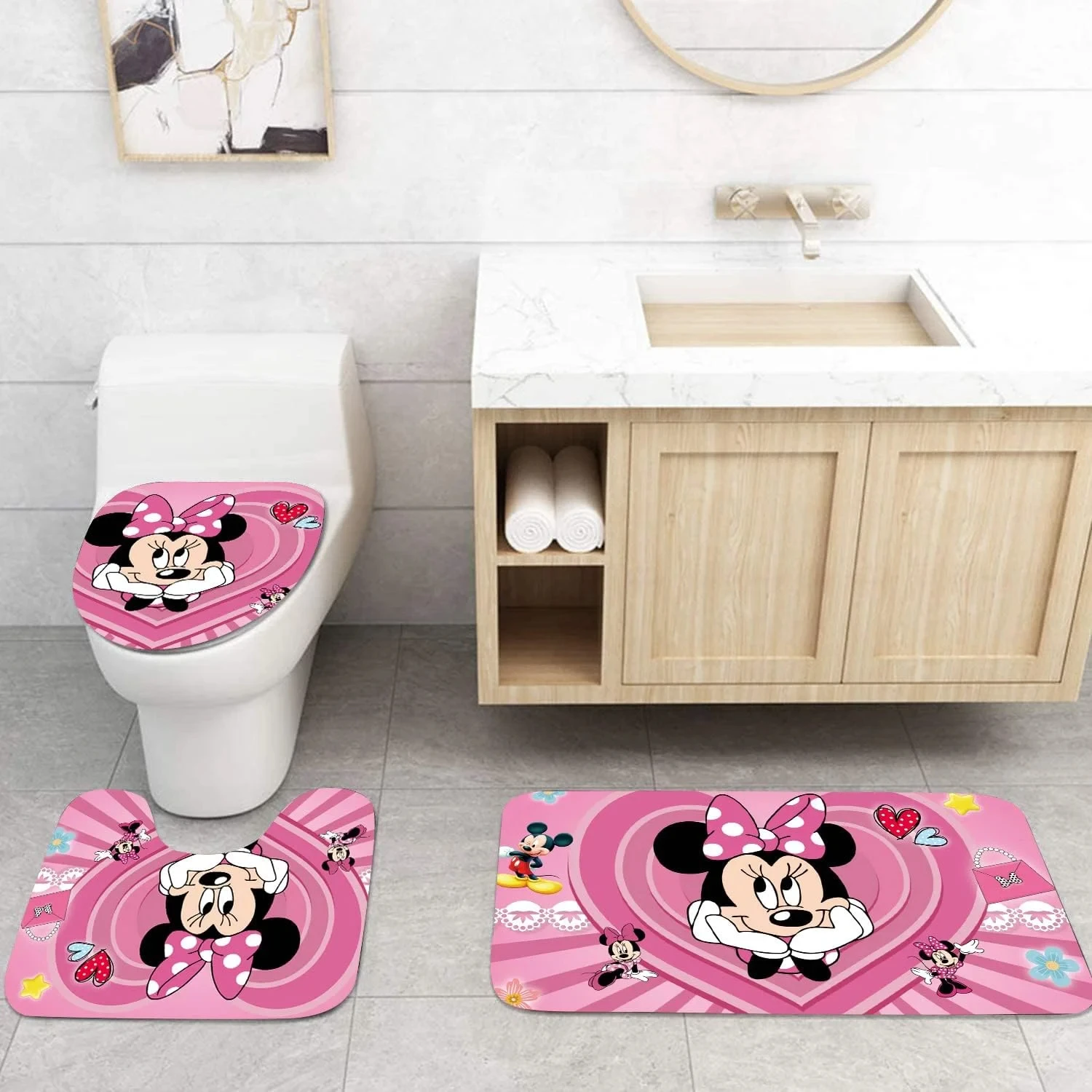 Mickey Minnie Mouse 4Pcs Cartoon Shower Curtain Set with Non-Slip Rug Toilet Lid Cover Mat Durable Waterproof with Hook Bathroom