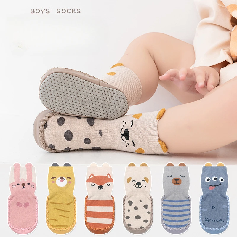 Autumn and Winter New Baby Anti Slip Walking Shoes for Infants and Children Glued Floor Socks 3D Cartoon Leather Sole Socks