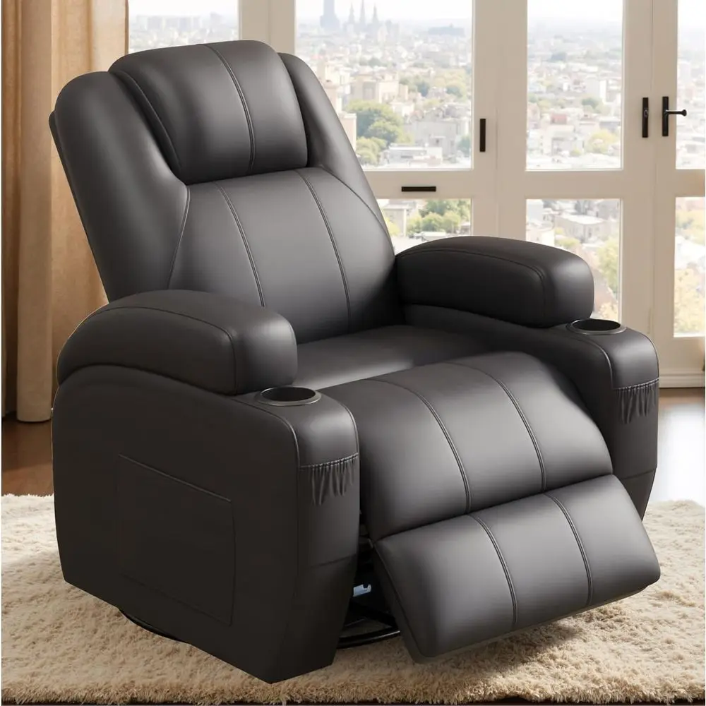 

Black Leather Swivel Rocker Recliner with Vibration Massage and Cup Holders