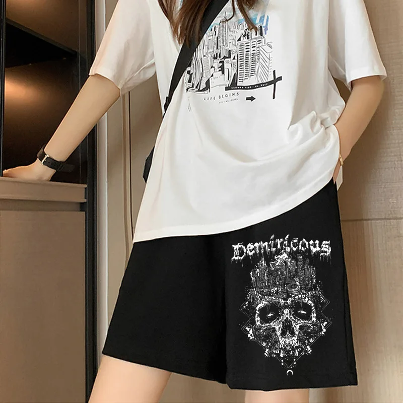 90s E-girls Y2k Gothic Skull Printing Wide-leg Elastic High Waist Sports Shorts Summer Casual Cycling Side Pocket Women Shorts