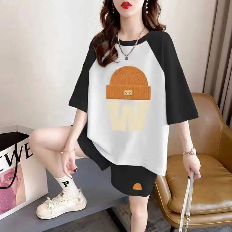 Women Summer Suit Fashion Loose Printing Large Size O-neck Short Sleeve T-Shirt Ladies Casual Appear Thin High Waist Shorts