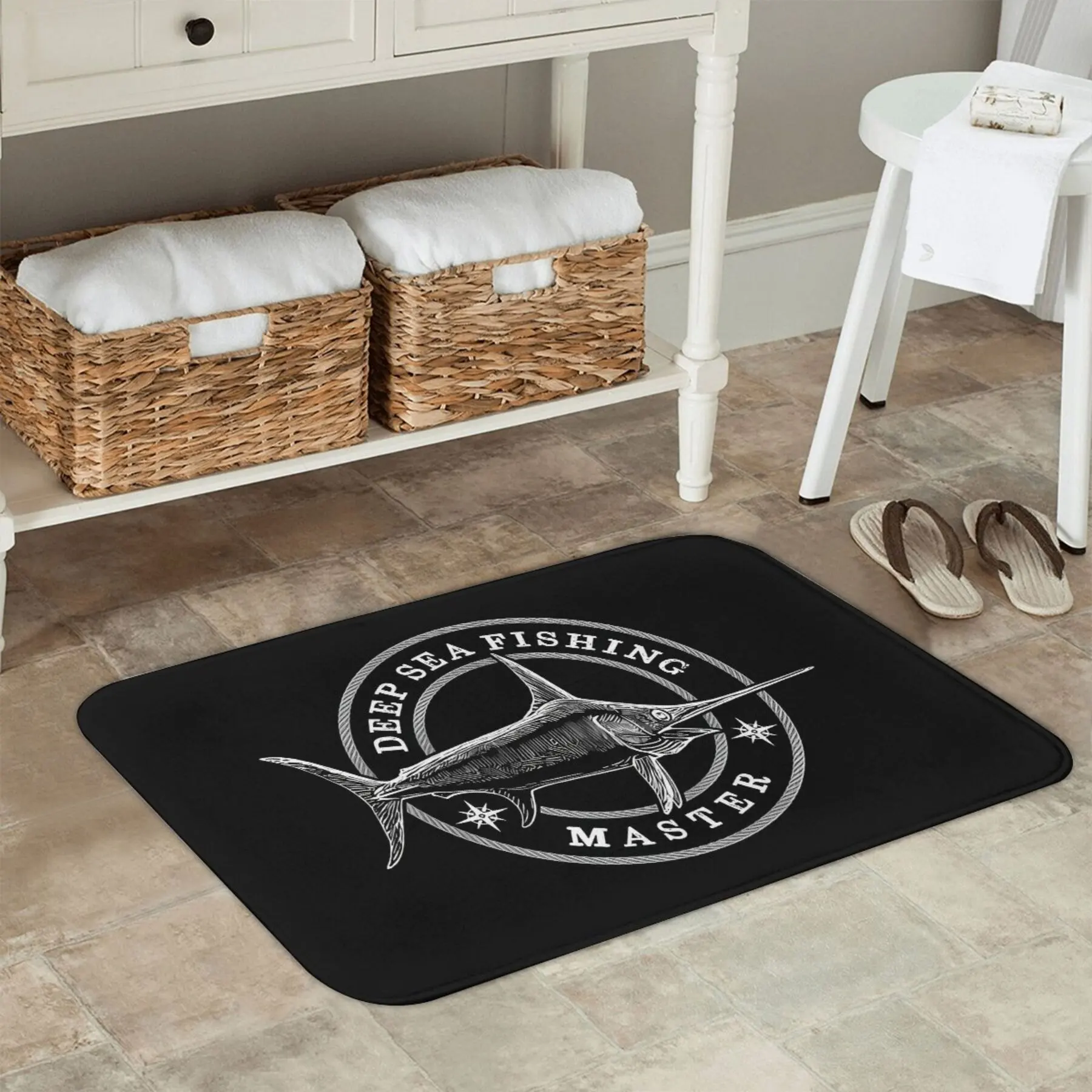Deep Sea Fishing Master Marlin Pattern Doormat, Machine Washable Polyester Rectangular Rug, Lightweight and Non-slip