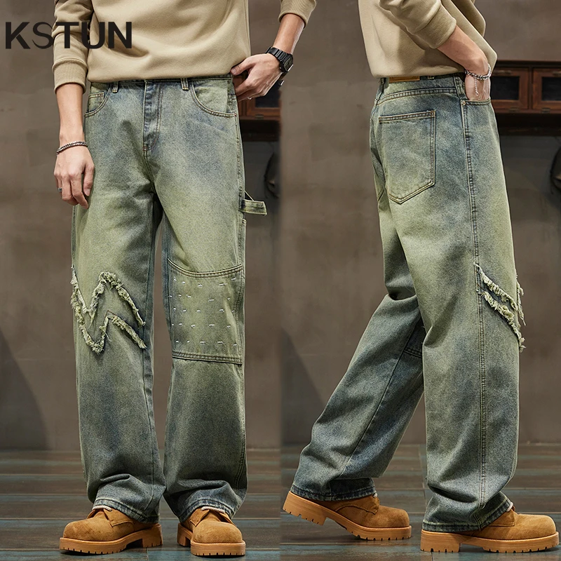 

KSTUN 2026, весенне-осенние мужские широкие джинсы в стиле хип-хоп, мешковатые брюки, уличная одежда, винтажные потертые лоскутные джинсы в стиле панк