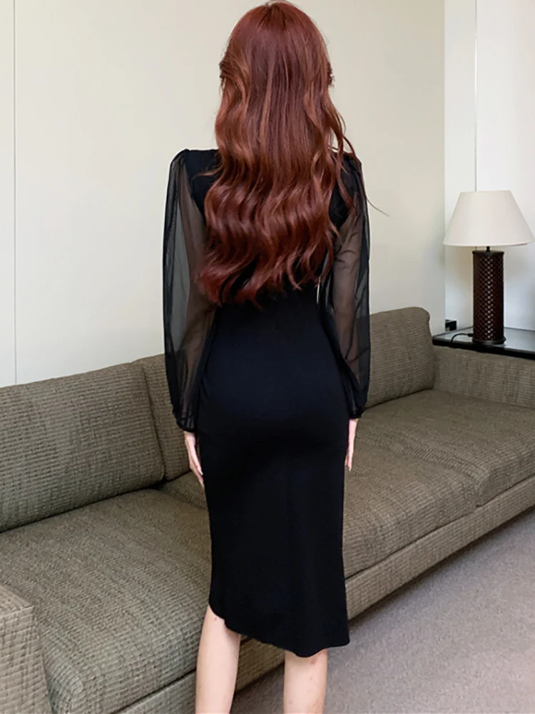 2024 Black Patchwork Mesh Long Sleeve Midi Dress Autumn Winter Pleated Bodycon Prom Clothes Women Korean Vintage Luxury Vestidos