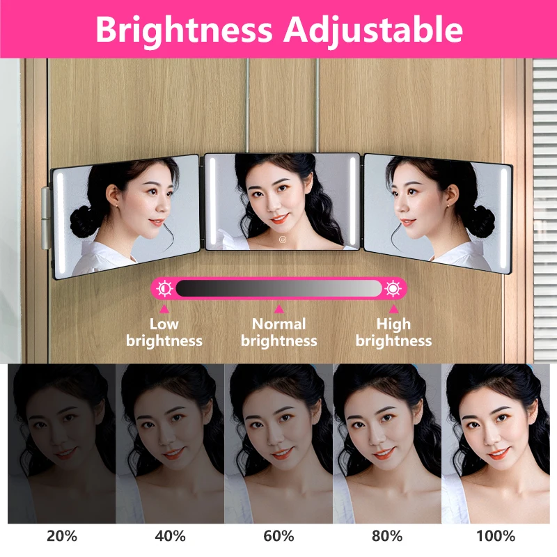 Hair Cutting Mirror with Bright LEDs, Portable Folding Trifold Vanity Mirror for Makeup and Hair Styling at Home or Salon